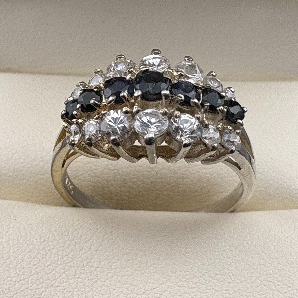 Vintage Handmade Sterling Silver Fancy Ring 7 Blue Sapphire & CZ - Sz. 9, 3.6 Gm